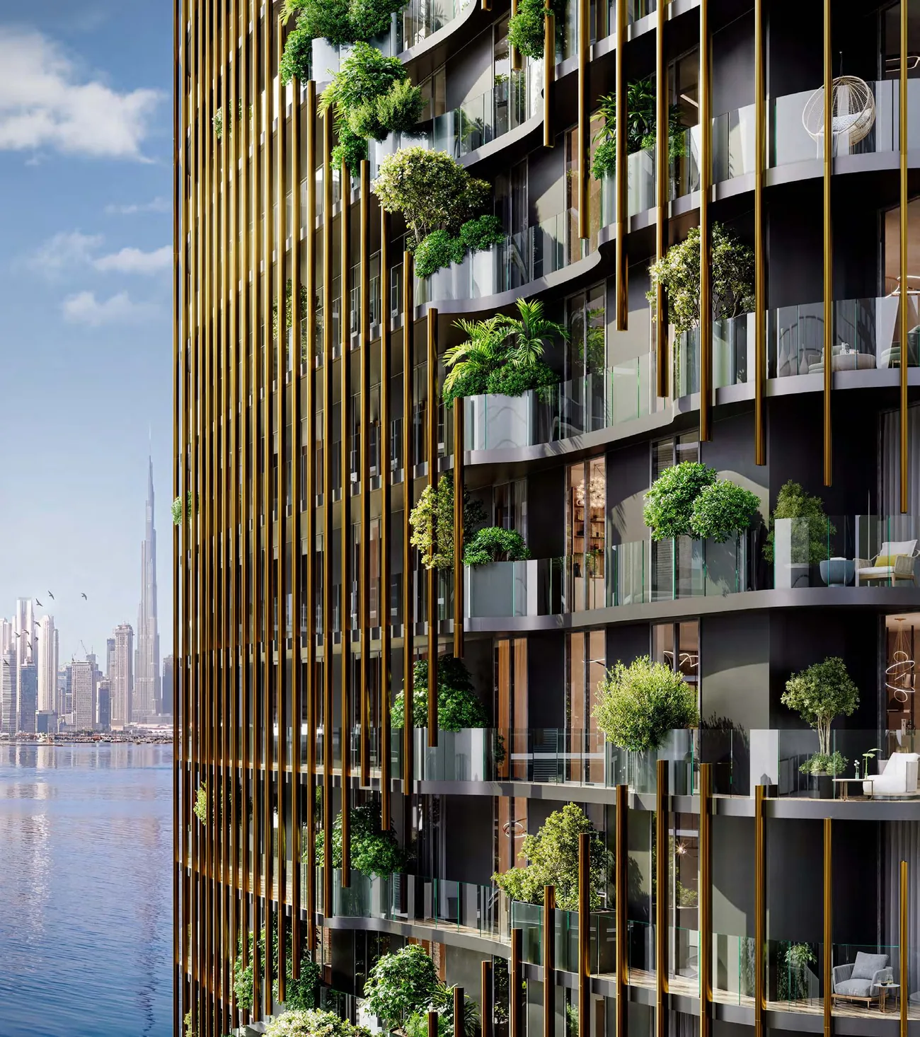 Waterfront residential tower with landscaped balconies overlooking the Dubai skyline