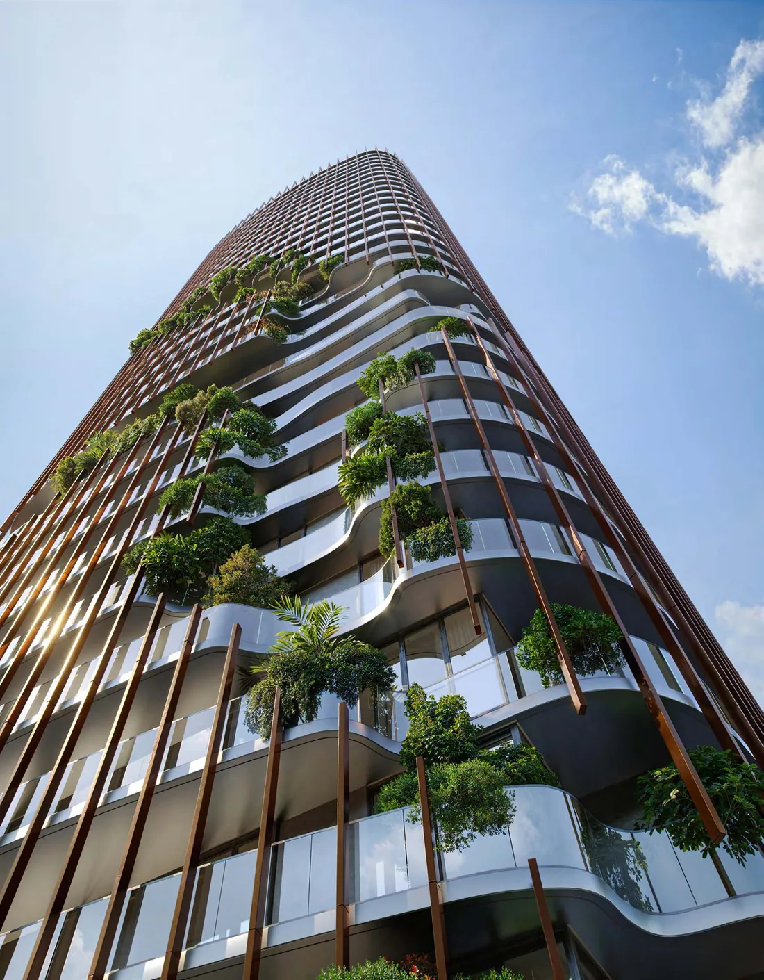 Dramatic upward view of a residential tower facade with planted balconies