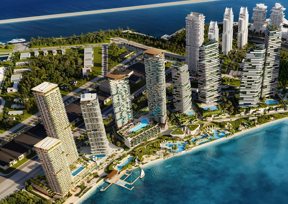Aerial view of a luxury waterfront residential development in Dubai